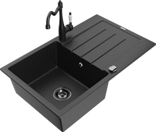 Mexen Bruno granite sink 1-bowl with drainer and Carla kitchen tap, black/silver metallic - 6513-73-670700-70-B