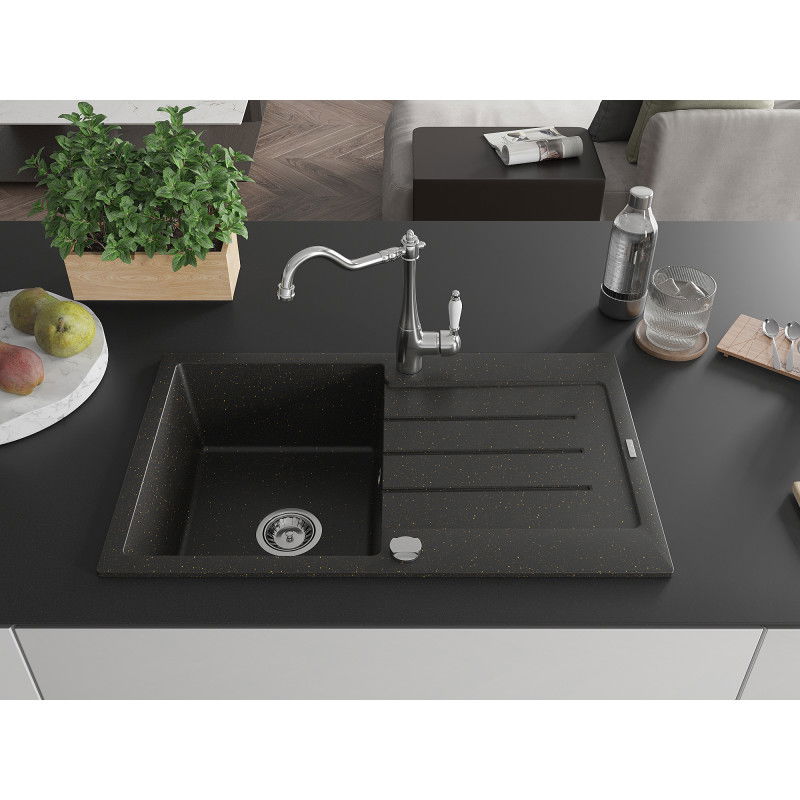 Mexen Bruno 1-bowl granite sink with drainer and Carla kitchen tap, black/gold metallic - 6513-75-670700-00