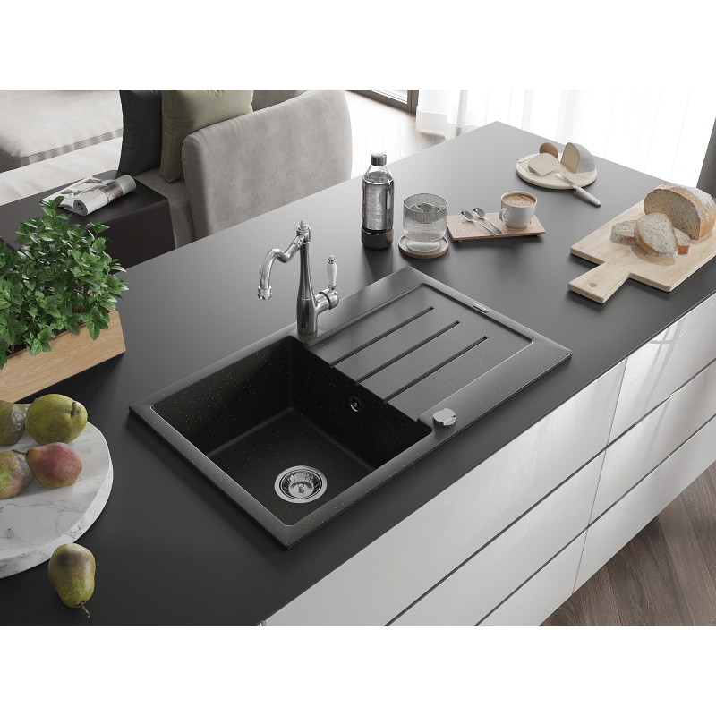 Mexen Bruno granite kitchen sink 1-bowl with drainer and Carla kitchen faucet, black/gold metallic - 6513-75-670700-00