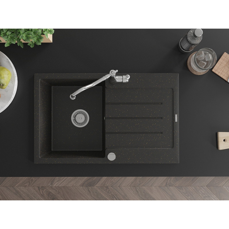 Mexen Bruno granite kitchen sink 1-bowl with drainer and Carla kitchen faucet, black/gold metallic - 6513-75-670700-00
