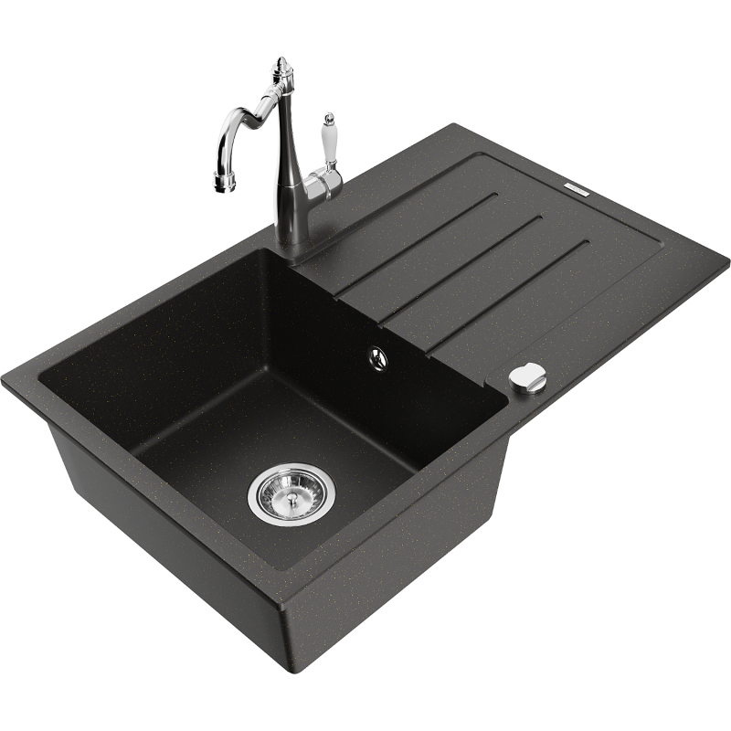 Mexen Bruno 1-compartment granite sink with a drip tray and kitchen mixer tap Carla, Black/Gold metallic - 6513-75-670700-00