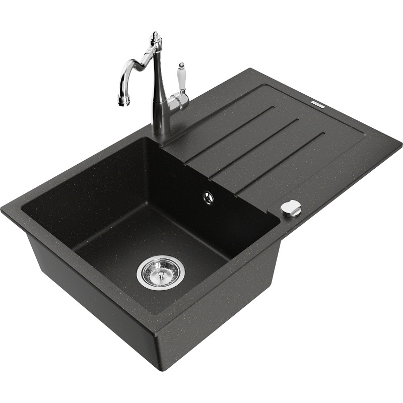 Mexen Bruno granite kitchen sink 1-bowl with drainer and Carla kitchen faucet, black/gold metallic - 6513-75-670700-00
