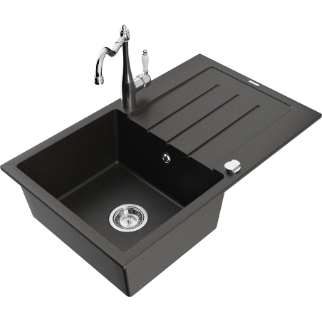 Mexen Bruno 1-bowl granite sink with drainer and Carla kitchen faucet, black/golden metallic - 6513-75-670700-00