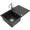 Mexen Bruno 1-bowl granite sink with drainer and Carla kitchen faucet, black/golden metallic - 6513-75-670700-00