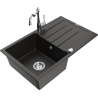 Mexen Bruno granite kitchen sink 1-bowl with drainer and Carla kitchen faucet, black/gold metallic - 6513-75-670700-00