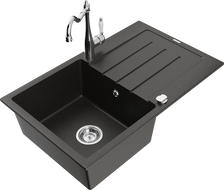 Mexen Bruno 1-bowl granite sink with drainer and Carla kitchen faucet, black/golden metallic - 6513-75-670700-00