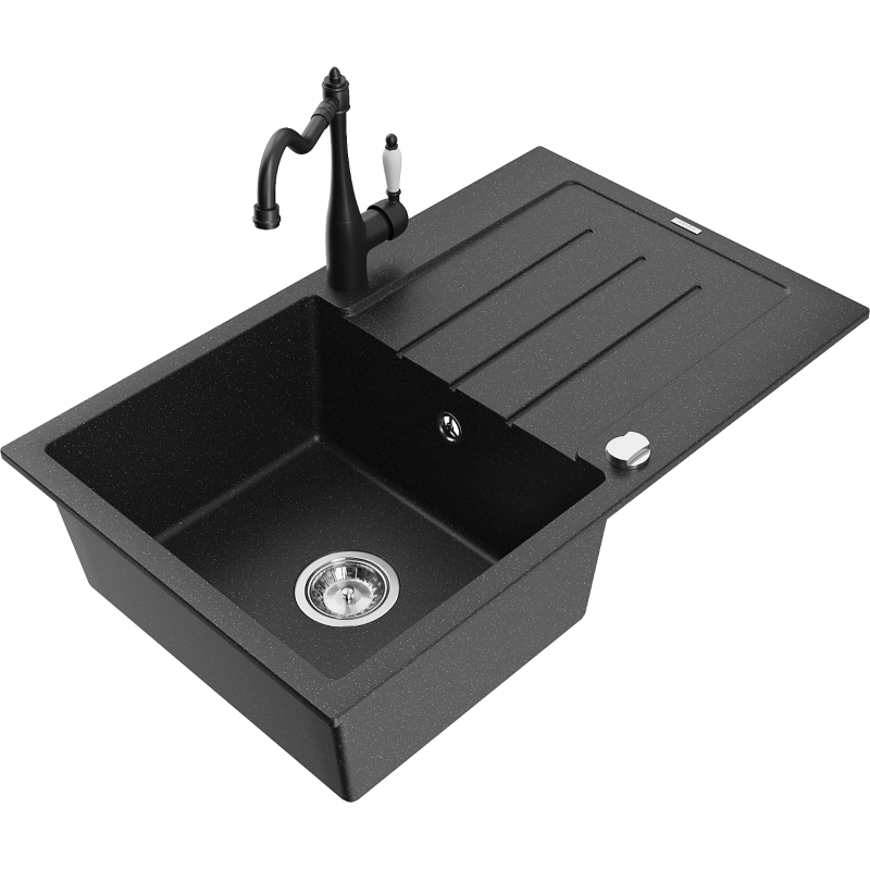 Mexen Bruno 1-bowl granite sink with drainer and Carla kitchen tap, black/silver metallic - 6513-73-670700-70