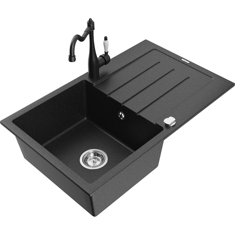 Mexen Bruno granite sink 1-bowl with drainer and kitchen faucet Carla, black/silver metallic - 6513-73-670700-70