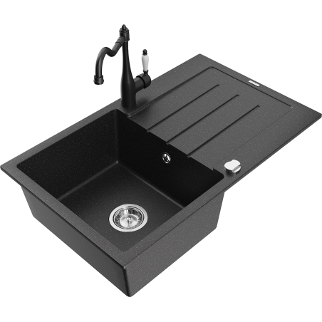 Mexen Bruno granite sink 1-bowl with drainer and kitchen faucet Carla, black/silver metallic - 6513-73-670700-70