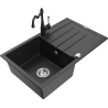 Mexen Bruno 1-bowl granite sink with drainer and Carla kitchen tap, black/silver metallic - 6513-73-670700-70