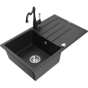 Mexen Bruno granite sink 1-bowl with drainer and kitchen faucet Carla, black/silver metallic - 6513-73-670700-70