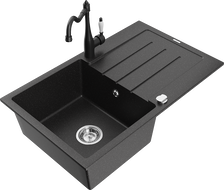 Mexen Bruno 1-bowl granite sink with drainer and Carla kitchen tap, black/silver metallic - 6513-73-670700-70