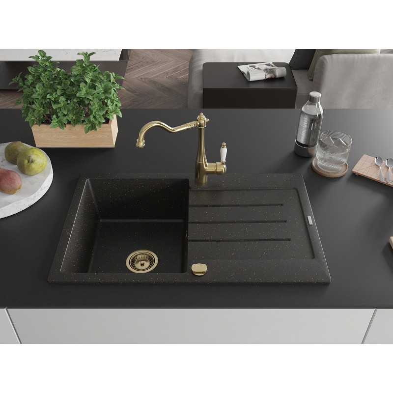 Mexen Bruno granite kitchen sink, 1-bowl with drainer and Carla kitchen faucet, black/gold metallic - 6513-75-670700-50