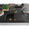 Mexen Bruno granite kitchen sink, 1-bowl with drainer and Carla kitchen faucet, black/gold metallic - 6513-75-670700-50