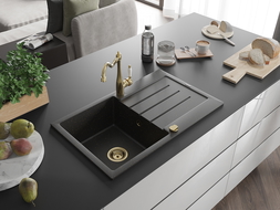 Mexen Bruno granite sink with 1 bowl, drainer and Carla kitchen tap, black/golden metallic - 6513-75-670700-50