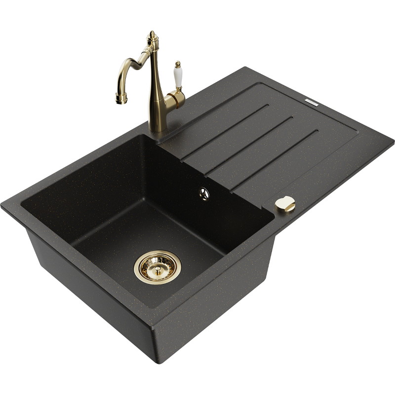 Mexen Bruno 1-bowl granite sink with drainer and kitchen faucet Carla, black/gold metallic - 6513-75-670700-50