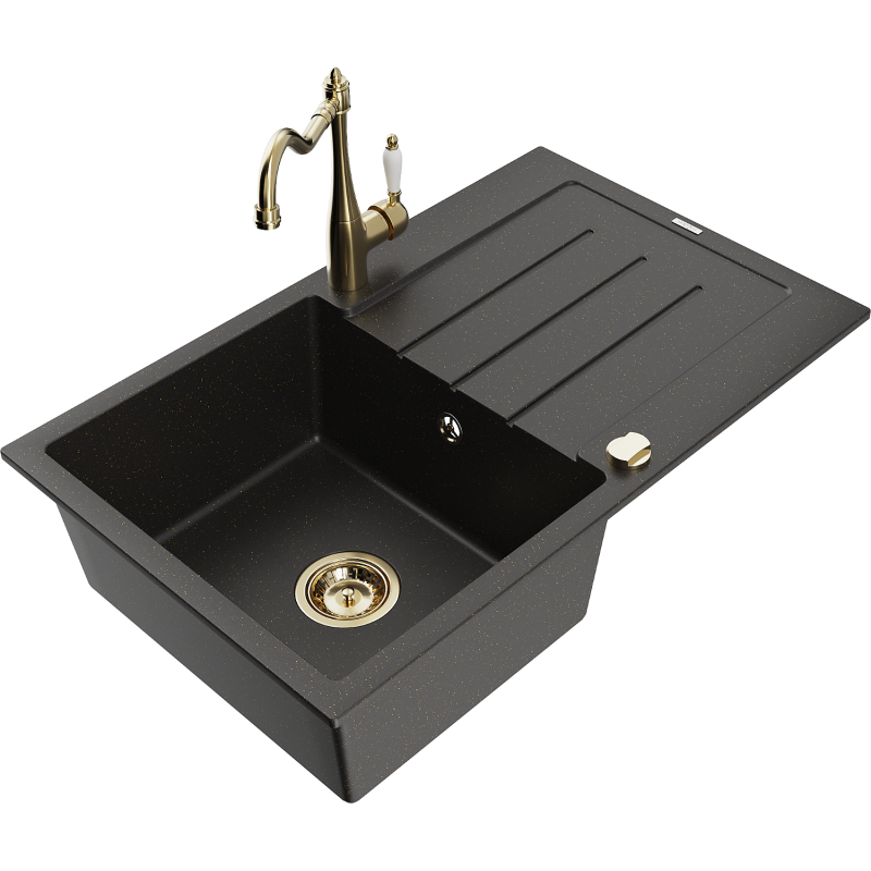 Mexen Bruno granite sink with 1 bowl, drainer and Carla kitchen tap, black/golden metallic - 6513-75-670700-50