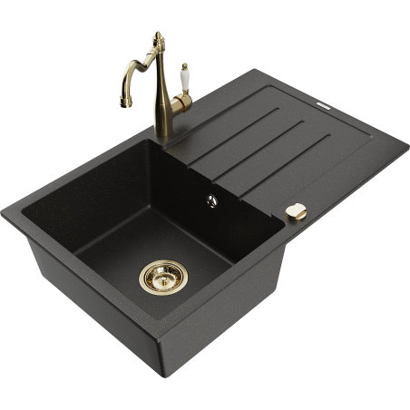 Mexen Bruno granite kitchen sink, 1-bowl with drainer and Carla kitchen faucet, black/gold metallic - 6513-75-670700-50
