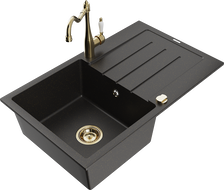 Mexen Bruno granite sink with 1 bowl, drainer and Carla kitchen tap, black/golden metallic - 6513-75-670700-50