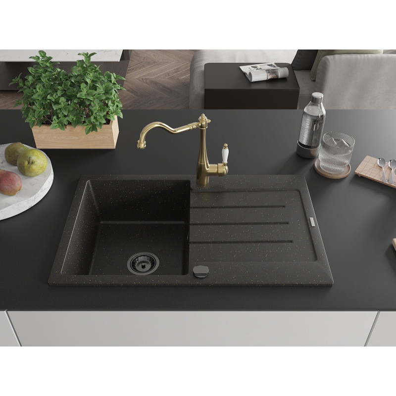 Mexen Bruno granite kitchen sink 1-bowl with drainer and kitchen faucet Carla, black/golden metallic - 6513-75-670700-50-B