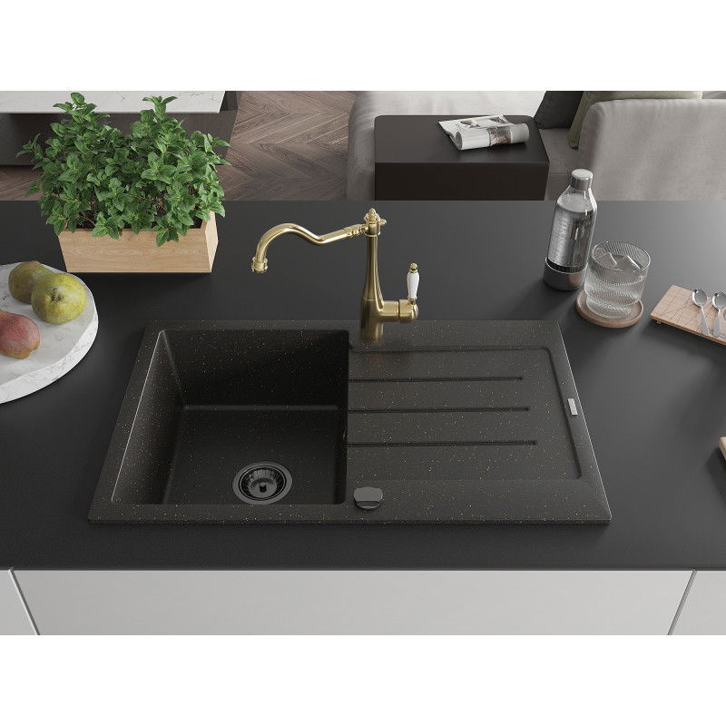 Mexen Bruno granite sink 1-bowl with drainer and Carla kitchen tap, black/gold metallic - 6513-75-670700-50-B