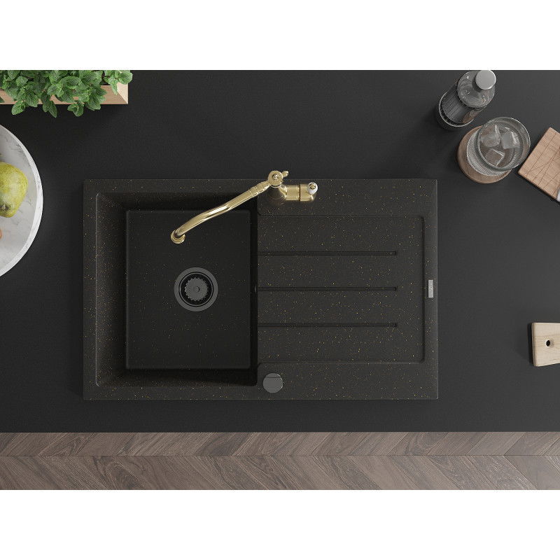 Mexen Bruno granite sink 1-bowl with drainer and Carla kitchen tap, black/gold metallic - 6513-75-670700-50-B