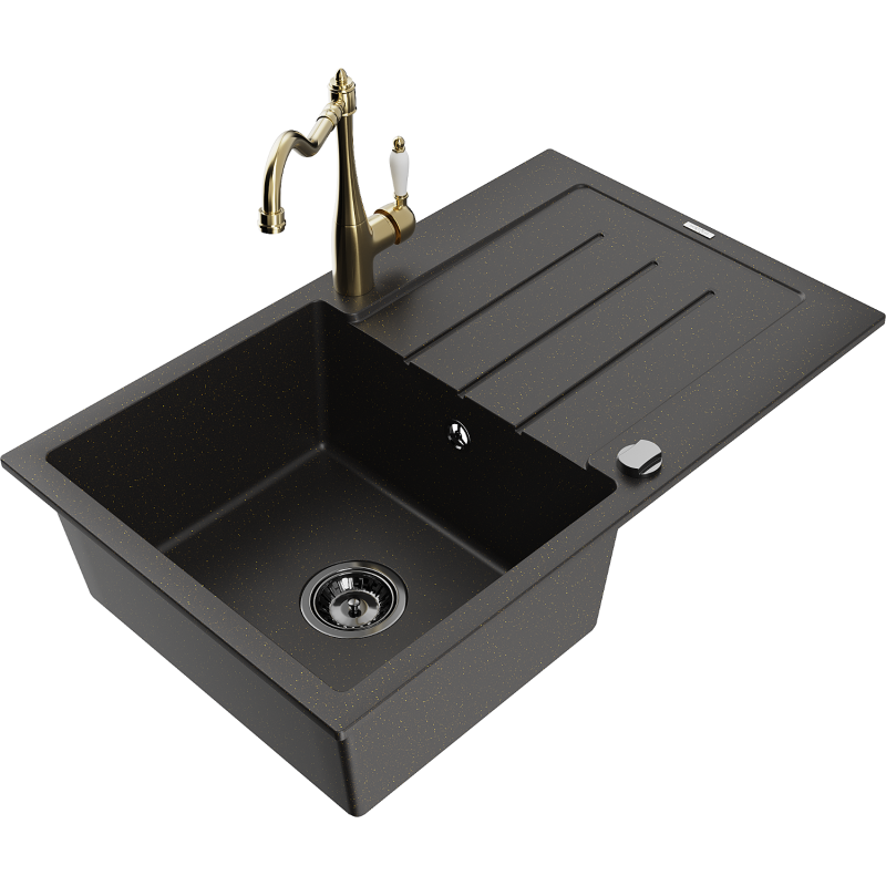 Mexen Bruno granite sink 1-bowl with drainer and Carla kitchen tap, black/gold metallic - 6513-75-670700-50-B