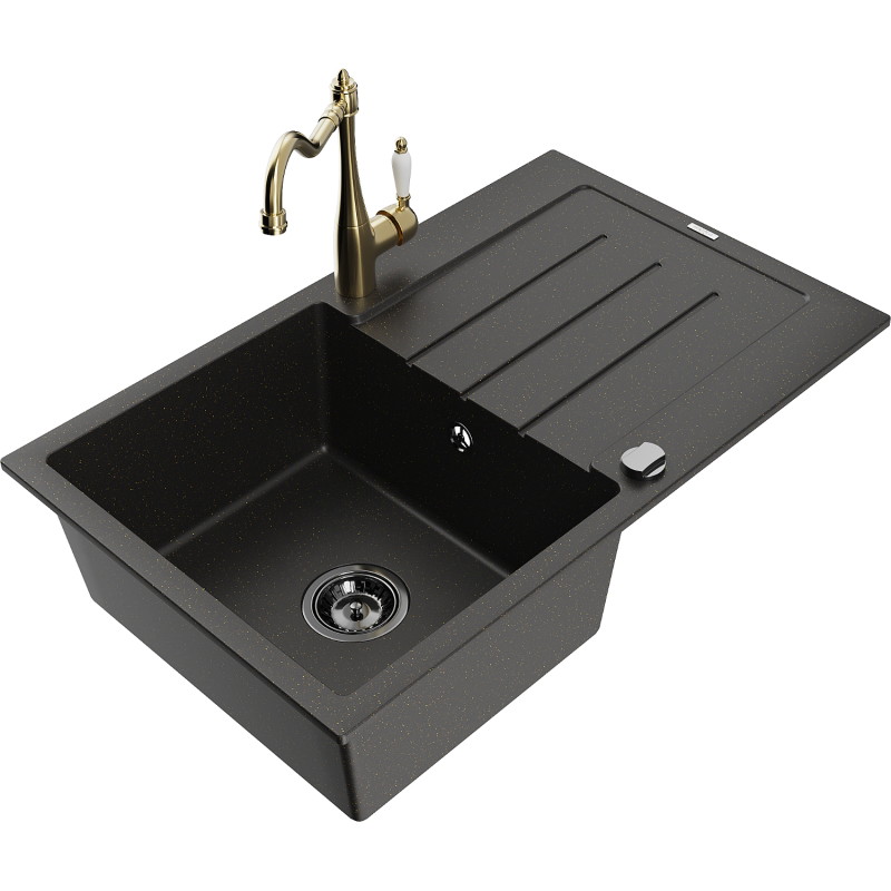 Mexen Bruno granite sink 1-bowl with drainer and kitchen faucet Carla, black/golden metallic - 6513-75-670700-50-B