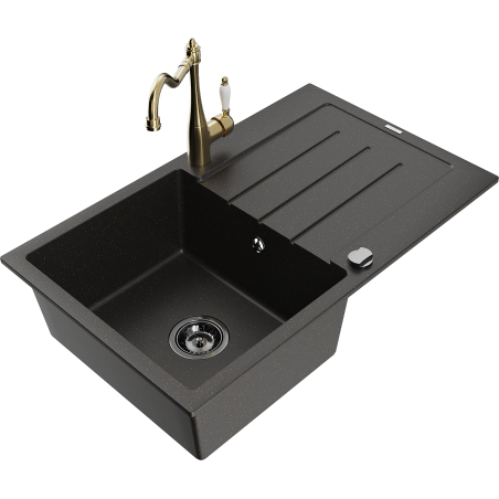 Mexen Bruno granite sink 1-bowl with drainer and Carla kitchen tap, black/gold metallic - 6513-75-670700-50-B