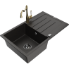 Mexen Bruno granite sink 1-bowl with drainer and Carla kitchen tap, black/gold metallic - 6513-75-670700-50-B