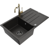 Mexen Bruno granite sink 1-bowl with drainer and kitchen faucet Carla, black/golden metallic - 6513-75-670700-50-B