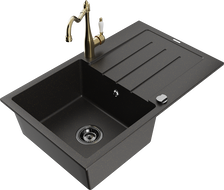 Mexen Bruno granite sink 1-bowl with drainer and Carla kitchen tap, black/gold metallic - 6513-75-670700-50-B