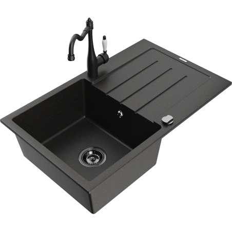 Mexen Bruno granite kitchen sink 1-bowl with drainer and kitchen faucet Carla, black/gold metallic - 6513-75-670700-70-B