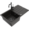 Mexen Bruno granite sink 1-bowl with drainer and Carla kitchen tap, black/gold metallic - 6513-75-670700-70-B