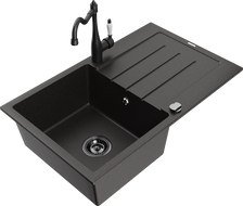 Mexen Bruno granite sink 1-bowl with drainer and Carla kitchen tap, black/gold metallic - 6513-75-670700-70-B
