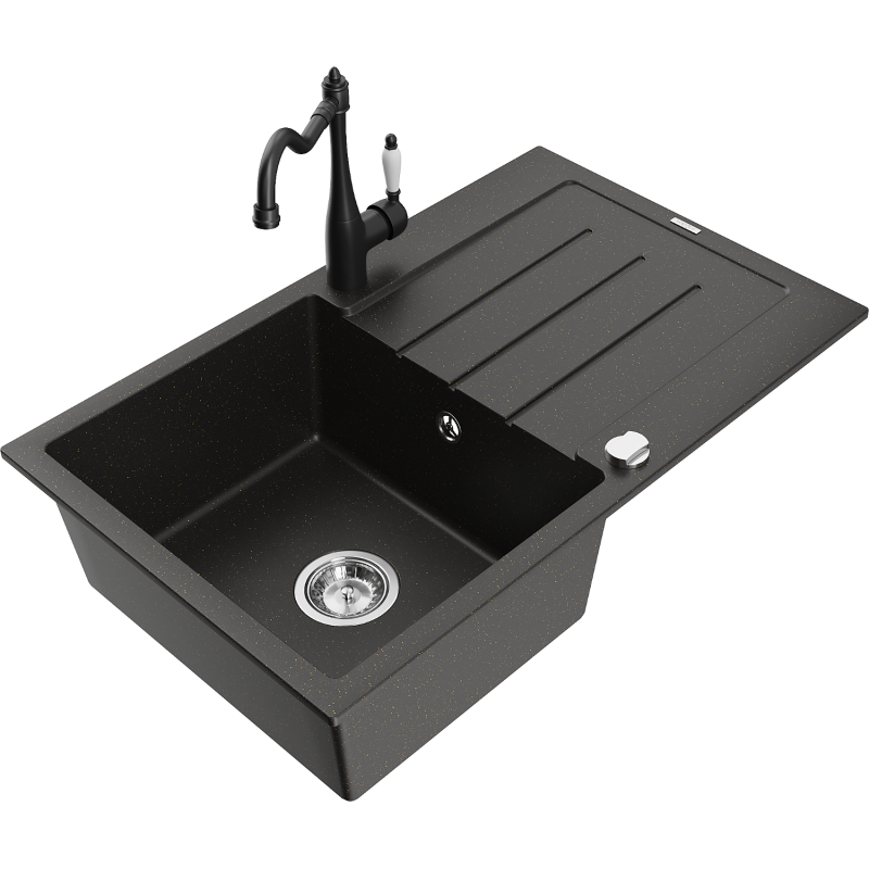 Mexen Bruno 1-compartment granite sink with a drip tray and kitchen mixer tap Carla, Black/Gold metallic - 6513-75-670700-70