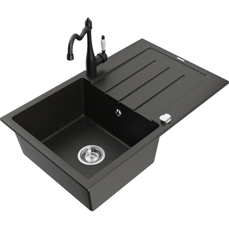 Mexen Bruno granit kitchen sink 1-bowl with drainer and Carla kitchen faucet, black/gold metallic - 6513-75-670700-70