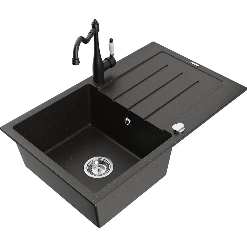 Mexen Bruno granite kitchen sink 1-bowl with drainer and Carla kitchen faucet, black/gold metallic - 6513-75-670700-70