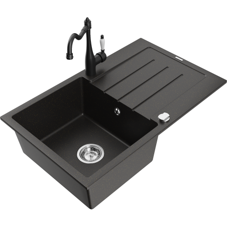 Mexen Bruno granit kitchen sink 1-bowl with drainer and Carla kitchen faucet, black/gold metallic - 6513-75-670700-70
