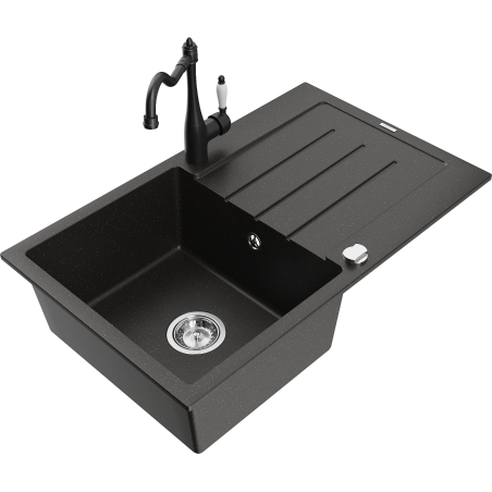 Mexen Bruno granite kitchen sink 1-bowl with drainer and Carla kitchen faucet, black/gold metallic - 6513-75-670700-70