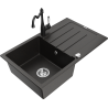 Mexen Bruno granit kitchen sink 1-bowl with drainer and Carla kitchen faucet, black/gold metallic - 6513-75-670700-70