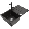 Mexen Bruno granite sink 1-bowl with drainer and Carla kitchen tap, black/gold metallic - 6513-75-670700-70