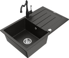 Mexen Bruno granite sink 1-bowl with drainer and Carla kitchen tap, black/gold metallic - 6513-75-670700-70