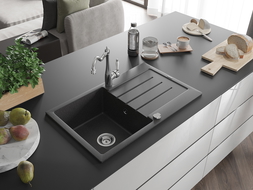 Mexen Bruno granite sink 1-bowl with drainer and Carla kitchen tap, speckled black - 6513-76-670700-00