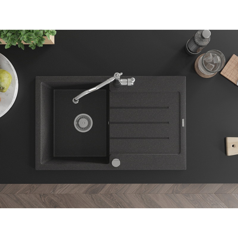 Mexen Bruno granite single-bowl kitchen sink with drainer and Carla kitchen faucet, speckled black - 6513-76-670700-00