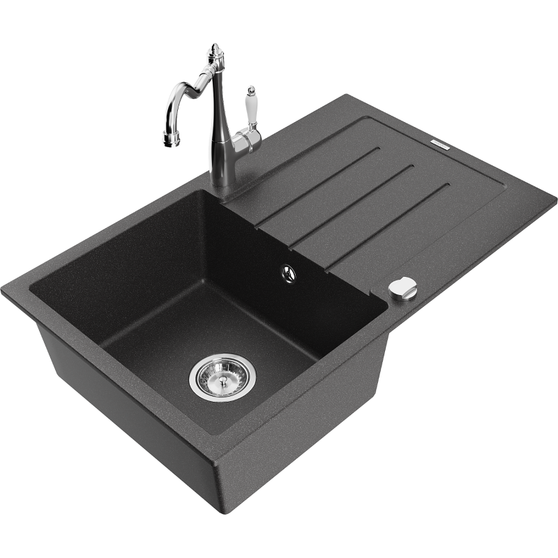 Mexen Bruno 1-compartment granite sink with a drip tray and kitchen mixer tap Carla, spotted black - 6513-76-670700-00
