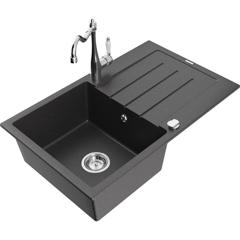 Mexen Bruno granite single-bowl kitchen sink with drainer and Carla kitchen faucet, speckled black - 6513-76-670700-00
