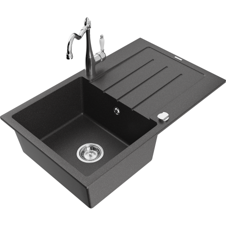 Mexen Bruno granite single-bowl kitchen sink with drainer and Carla kitchen faucet, speckled black - 6513-76-670700-00
