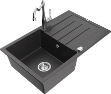 Mexen Bruno granite single-bowl kitchen sink with drainer and Carla kitchen faucet, speckled black - 6513-76-670700-00