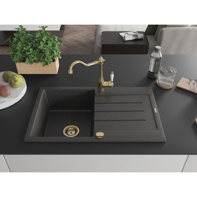 Mexen Bruno granite kitchen sink 1-bowl with drainer and kitchen tap Carla, black speckled - 6513-76-670700-50